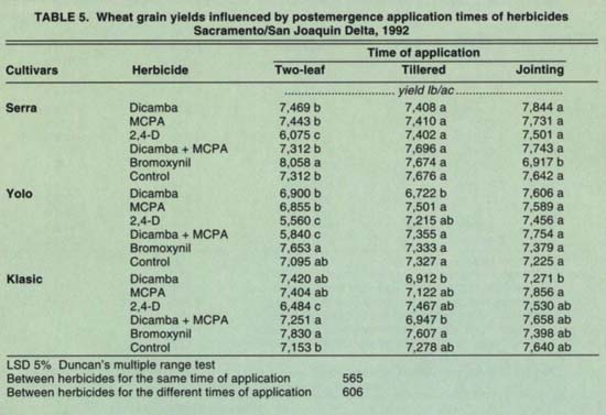 Wheat grain yields influenced by postemergence application times of herbicides Sacramento/San Joaquin Delta, 1992