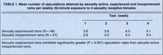 Mean number of ejaculations attained by sexually active, experienced and inexperienced rams per weekly 30-minute exposure to 4 sexually receptive females