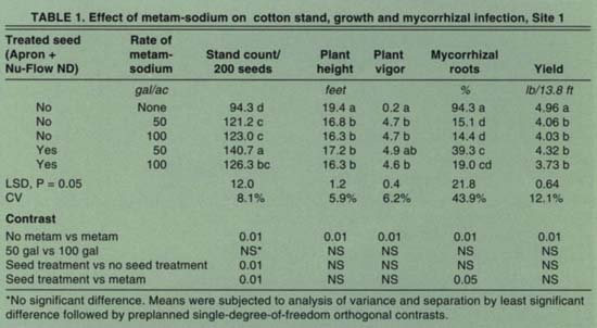 Effect of metam-sodium on cotton stand, growth and mycorrhizal infection, Site 1