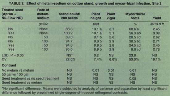 Effect of metam-sodium on cotton stand, growth and mycorrhizal infection, Site 2